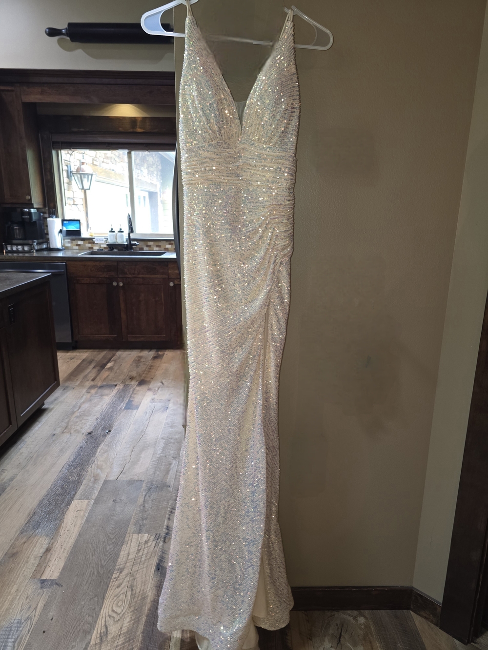 Sparkling Sequin V-Neck Evening Dress in Ivory